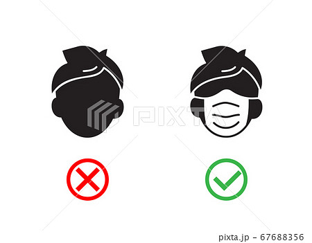 No Face Mask No Entry. Man in wrong and right wear mask Icon. Notice Safety, Coronavirus precautions. Mask required warning prevention sign. Wear dust mask. Vector illustration, white background 67688356