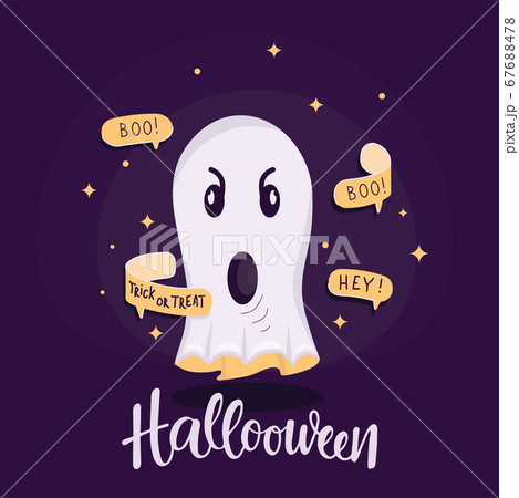 Ghost illustration with text bubble, message, handwritten sign Halloween. Vector stock illustartion for Halloween decoretion, create print card, invitation, poster, banner. 67688478
