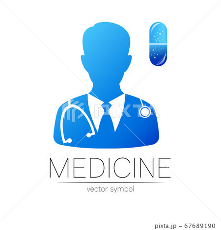 Doctor and capsule pill vector logotype in blue color. Silhouette medical man. Logo for clinic, hospital, health, medicine, business. Concept isolated on white. Template for web, identity modern style 67689190