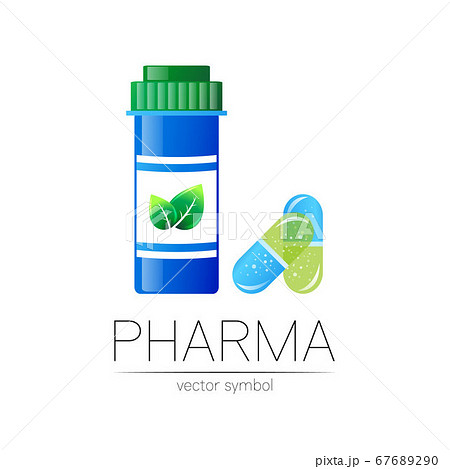 Pharmacy vector symbol with blue pill bottle and capsule tablet for pharmacist, pharma store, doctor and medicine. Modern design vector logo on white background. Pharmaceutical icon logotype . Health 67689290