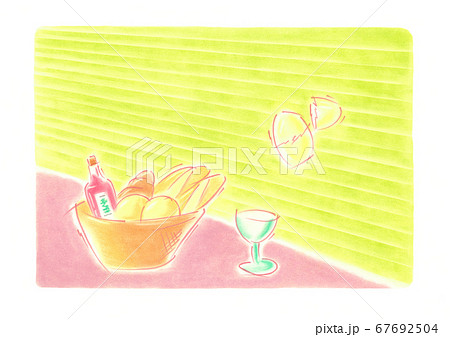 窓際にフランスパンやワインが入ったかごと、宙を浮いている卵がある 窓際にフランスパンやワインが入ったかごと、宙を浮いている卵がある 67692504