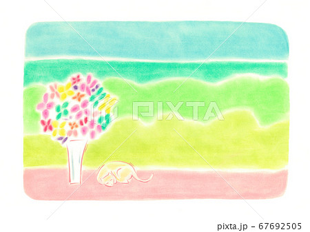 花瓶のそばに猫が眠っている、バックには緑と海が見える 花瓶のそばに猫が眠っている、バックには緑と海が見える 67692505