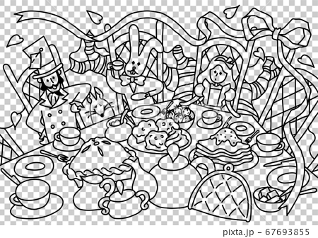 不思議の国のアリスのお茶会 モノクロ線画のイラスト素材 67693855 Pixta