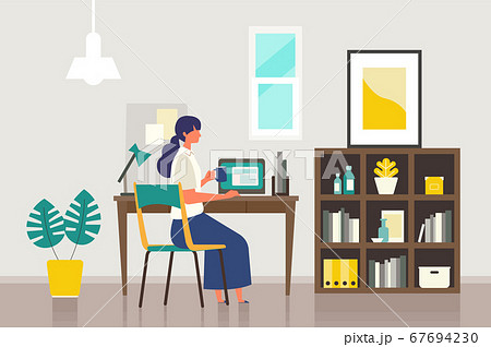 自宅のパソコンでインターネットをする女性のイラスト 67694230