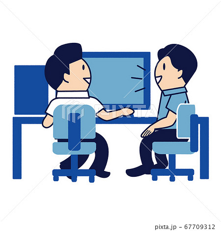 パソコンの前で椅子に座って会話している二人の人物のイラストのイラスト素材