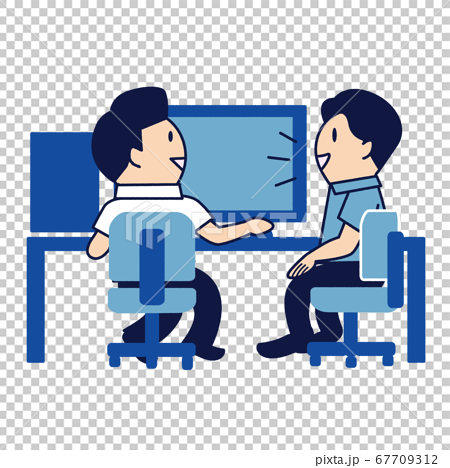 パソコンの前で椅子に座って会話している二人の人物のイラストのイラスト素材
