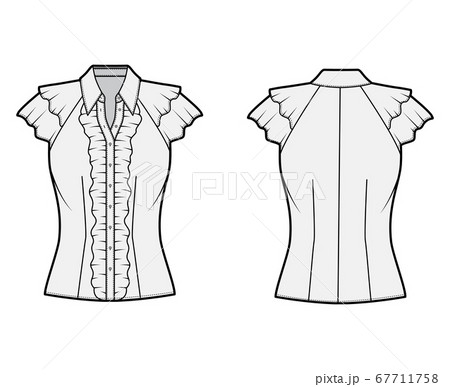Ruffled shirt technical fashion illustration with sharp collar, fluttery ruffles short sleeves, fitted body. Ruffled shirt technical fashion illustration with sharp collar, fluttery ruffles short sleeves, fitted body. 67711758