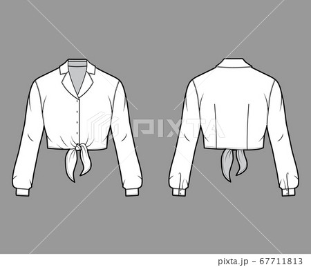 Cropped tie-front shirt technical fashion illustration with notched lapel collar and long sleeves. Cropped tie-front shirt technical fashion illustration with notched lapel collar and long sleeves. 67711813