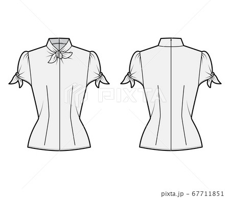 Knotted cutout blouse technical fashion illustration with high neckline, puffed volume sleeves, back zip fastening 67711851