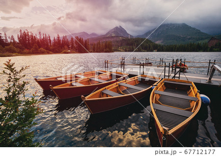 Mountain lake and empty boats in National Park 67712177