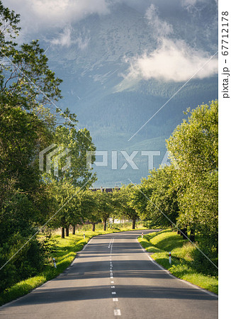 Empty asphalt road in the mountains. Green trees Empty asphalt road in the mountains. Green trees 67712178