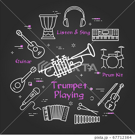 Vector black linear banner for music - trumpet playing Vector black linear banner for music - trumpet playing 67712364