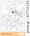 Colorless vector contour illustration of bunny in a hat picking carrots in a wood isolated on white background. Wild animals preschool kids coloring pages and developmental activity. 67714150