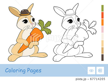Colorful template and colorless contour image of cute rabbit holding a carrot isolated on white background. Wild animals preschool kids coloring book illustrations and developmental activity. Colorful template and colorless contour image of cute rabbit holding a carrot isolated on white background. Wild animals preschool kids coloring book illustrations and developmental activity. 67714205