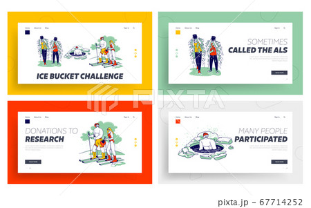 Characters Temper Landing Page Template Set. Swimming in Ice Hole, Skiing. People Pouring Water Bucket Viral Challenge 67714252