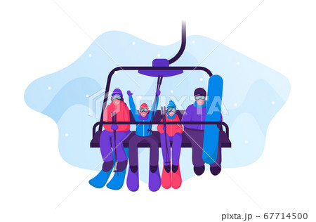 Happy Family with Skiing and Skateboarding Equipment Rise to Ski Lift Elevator. Parents and Kids Go Up Hill on Cable Rope Mountain Funicular with Skis and Snowboard. Cartoon Flat Vector Illustration Happy Family with Skiing and Skateboarding Equipment Rise to Ski Lift Elevator. Parents and Kids Go Up Hill on Cable Rope Mountain Funicular with Skis and Snowboard. Cartoon Flat Vector Illustration 67714500