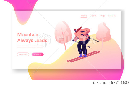 Winter Sports Outdoors Leisure Spare Time Website Landing Page. Young Man Going Downhill by Skis on Nature Background with Falling Snow and Trees Web Page Banner. Cartoon Flat Vector Illustration 67714688