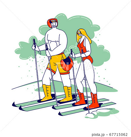 Couple of Young Naked Male and Female Characters Skiing. Man and Woman Wearing Swimsuit and Helmet Riding Ski, Challenge Couple of Young Naked Male and Female Characters Skiing. Man and Woman Wearing Swimsuit and Helmet Riding Ski, Challenge 67715062