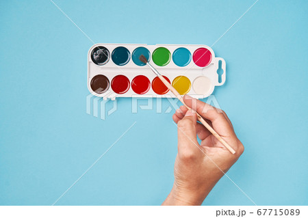 Top view of watercolor paint on blue background. back to school 67715089