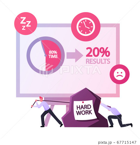 Pareto Law 20 Percent Efforts and Time Give 80 Percent of Result. Tiny Male Characters Pulling Heavy Rock with Hard Work 67715147