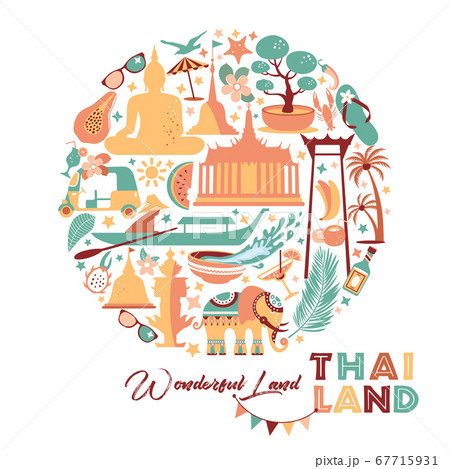Collection of Thailand symbols in circle. Vector poster. Postcard in trend color. Travel illustration. Web banner of travel in circle composition. 67715931