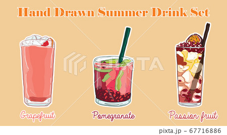 Hand Drawn Colorful Exotic Tropical Grapefruit Pomegranate Passion fruit Summer Cocktail Drink Set 67716886
