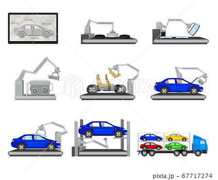 Car Production Assembly Line Process with Industrial Robots and Equipment Vector Set Car Production Assembly Line Process with Industrial Robots and Equipment Vector Set 67717274