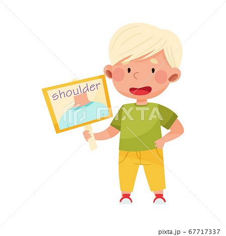 Cute Boy Character Holding Card with Shoulder Picture Vector Illustration 67717337