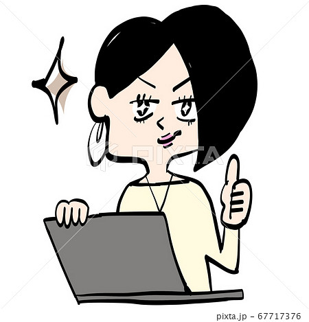 アシメボブ女性とpcのイラスト素材 アシメボブ女性とpcのイラスト素材