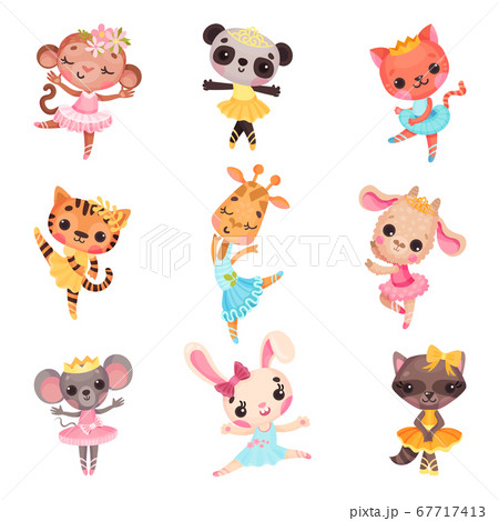 Cute Animals in Ballerina Dresses Dancing Vector Illustration Set 67717413