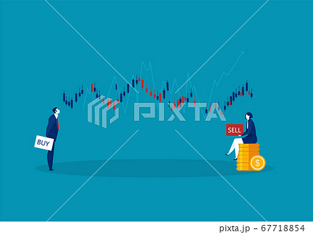 two business trader and business candlestick chart with buy and sell buttons on blue background two business trader and business candlestick chart with buy and sell buttons on blue background 67718854