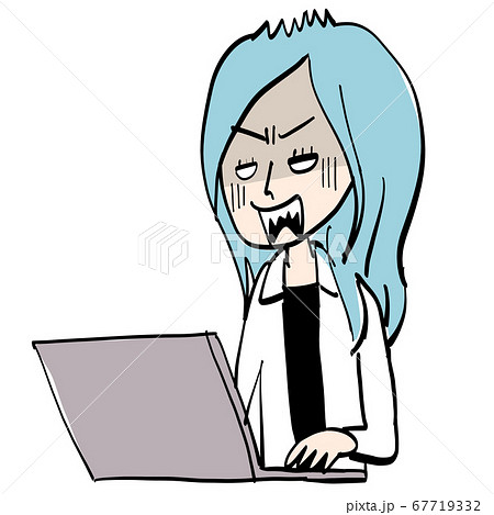 PCの前で青ざめる青髪女性 67719332