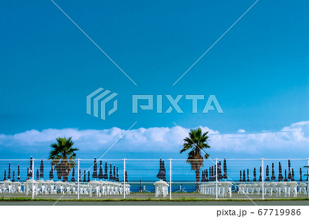 青空の下で夏待つビーチパラソル 67719986