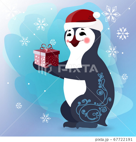 Penguin cartoon vector illustration. Christmas character. On a beautiful background with snowflakes. On a beautiful background with snowflakes. 67722191
