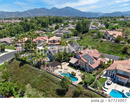 Aerial view of master-planned private communities with big villas with swimming pool, Mission Viejo. 67723007