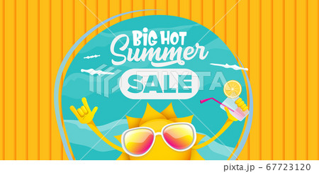 summer sale cartoon horizontal web banner or vector label with happy sun character wearing sunglasses and holding cocktail isolated on horizontal background 67723120