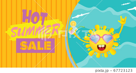 summer sale cartoon horizontal web banner or vector label with happy sun character wearing sunglasses and holding cocktail isolated on horizontal background 67723123
