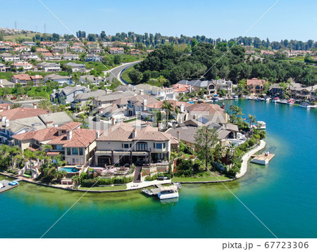 Aerial view of Lake Mission Viejo with private residential and condominium communities. California Aerial view of Lake Mission Viejo with private residential and condominium communities. California 67723306
