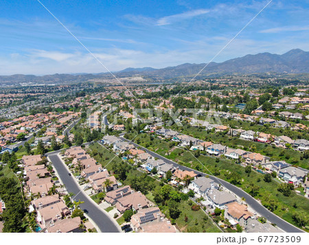 Aerial view of master-planned private communities with big villas with swimming pool, Mission Viejo. 67723509