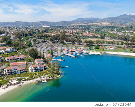 Aerial view of Lake Mission Viejo with private residential and condominium communities. California 67723644