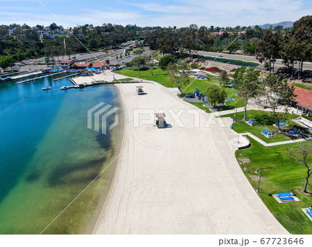 Aerial view of Lake Mission Viejo, with recreational facilities and beach Playa Del Norte. California 67723646