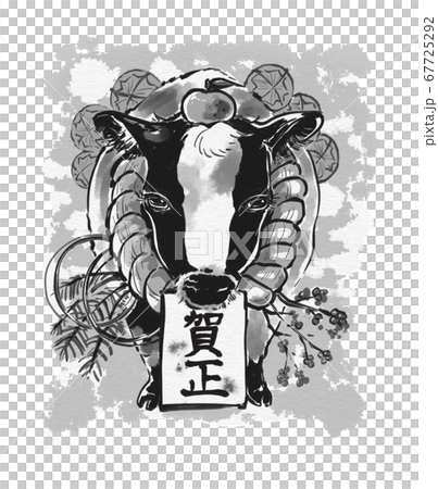 New Year's card material Beef with rice bales grayscale New Year's card material Beef with rice bales grayscale 67725292