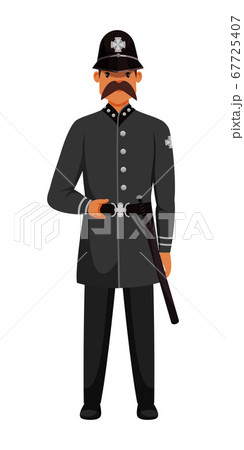 Guard man queens patrol soldier character in post. Ancient palace guardian wearing army uniform. British security guy. English surveillance. Vector illustration. 67725407