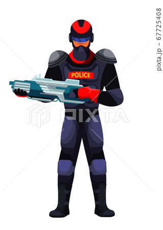 Futuristic police guard man with innovative weapon. Military male character holding blaster. Vector illustration. 67725408