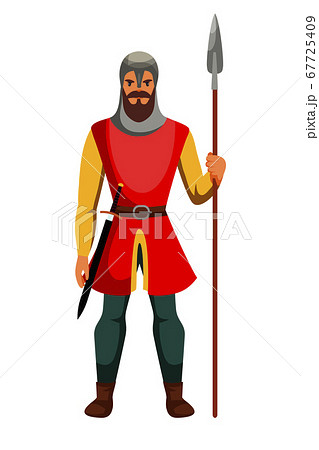 Medieval armed knight guard man isolated on white. Armor guarding male character with spear in hand and sword on belt. Security person wearing steel helmet. Cartoon warrior. Vector Illustration. 67725409