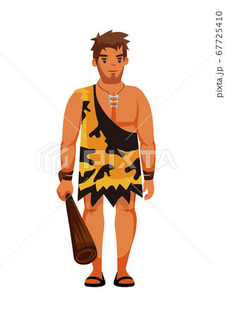 Ancient people character. Guard man with baton. Mythological creatures holding wooden weapon. Primitive wildman wearing animal skin. Male neanderthal. Vector illustration. Ancient people character. Guard man with baton. Mythological creatures holding wooden weapon. Primitive wildman wearing animal skin. Male neanderthal. Vector illustration. 67725410