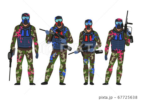 Paintball players set in standing position isolated on white. Men in dirty military camouflage and protective blue masks holding shoot guns in hands. Team game. Vector illustration. 67725638