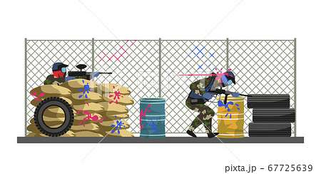 Paintball enemy firing from cover made of sandbag 67725639