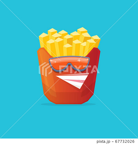vector funny cartoon french fries potato box character with sunglasses isolated on blue background. funky smiling food character vector funny cartoon french fries potato box character with sunglasses isolated on blue background. funky smiling food character 67732026