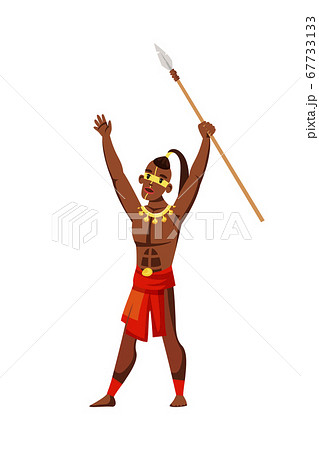 Tribal native man raising spear isolated on white 67733133